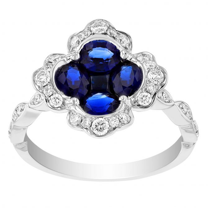 Oval Sapphire Cluster & Diamond Floral Halo Ring in White Gold