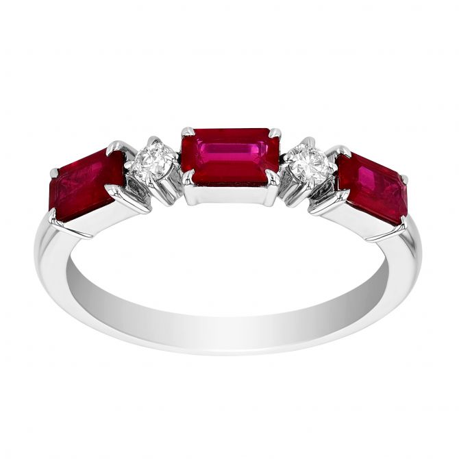 Emerald Cut Ruby & Round Diamond Ring in White Gold