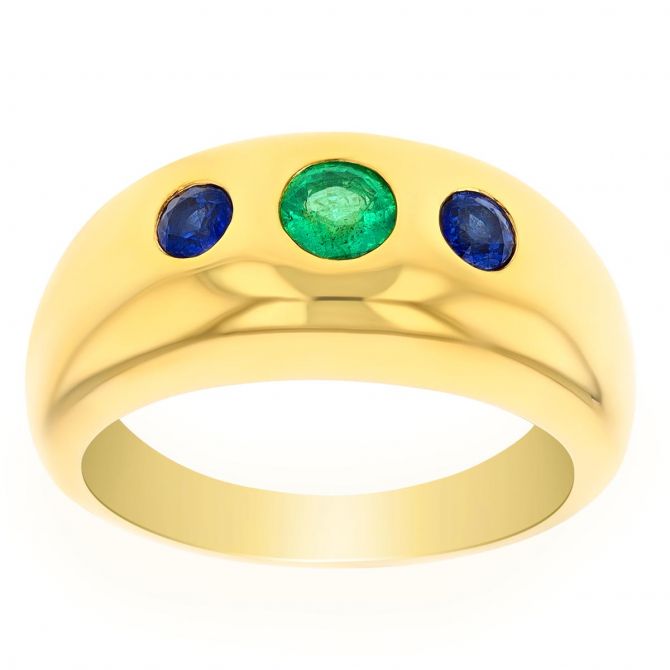 Emerald & Sapphire Flush Set Trio Ring in Yellow Gold