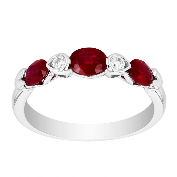 Oval Ruby & Round Diamond Heart Motif Ring in White Gold