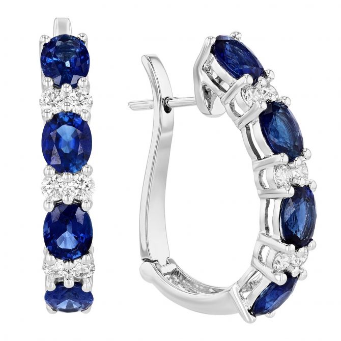 Oval Sapphire & Round Diamond Hoop Earrings in White Gold