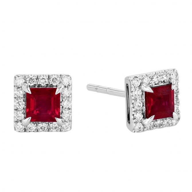 Square Step Cut Ruby & Diamond Halo Square Stud Earrings in White Gold