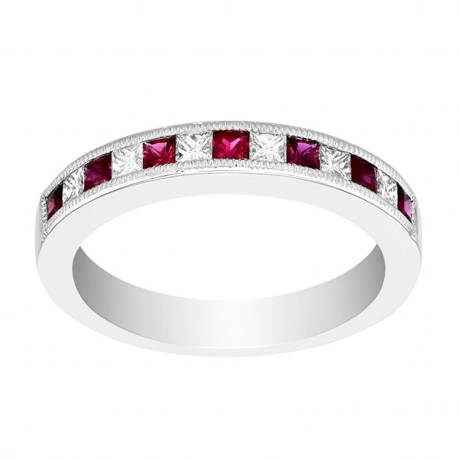 Princess Cut Ruby & Diamond Channel Set Ring in White Gold