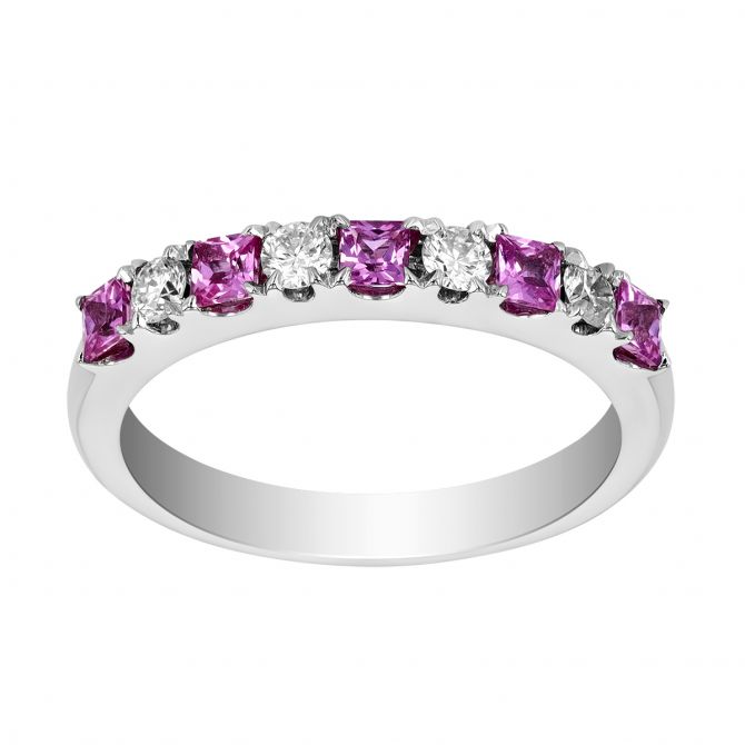 Princess Cut Pink Sapphire & Round Diamond Alternating Pattern Ring in White Gold