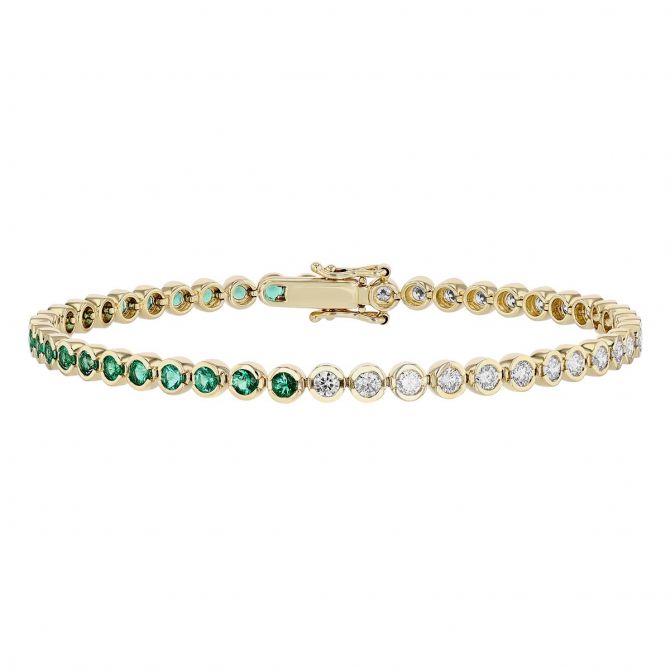 Emerald & Diamond Bezel Set Tennis Bracelet in Yellow Gold, 7"