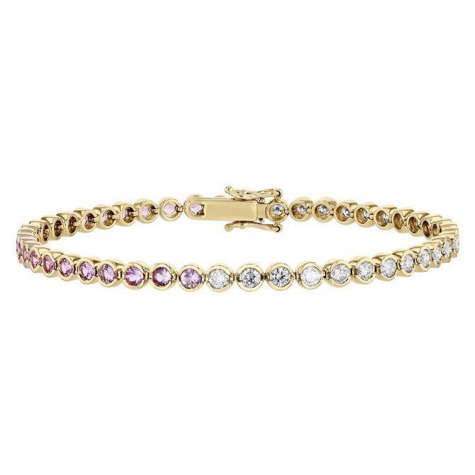 Pink Sapphire & Diamond Bezel Set Tennis Bracelet in Yellow Gold, 7"