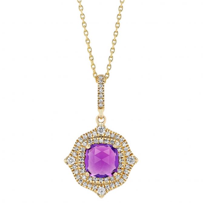 Cushion Checkerboard Amethyst & Double Diamond Pointed Halo Pendant in Yellow Gold, 16"