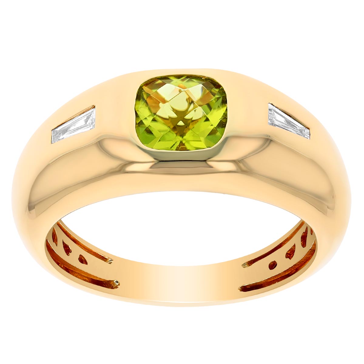 Cushion Checkerboard Peridot & Tapered Baguette Diamond Side Stone ...