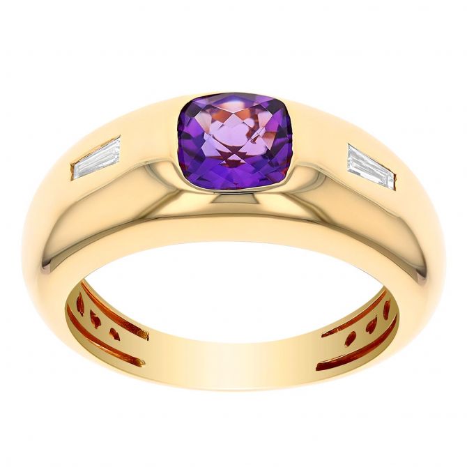 Cushion Checkerboard Amethyst & Tapered Baguette Diamond Side Stone Flush Set Ring in Yellow Gold