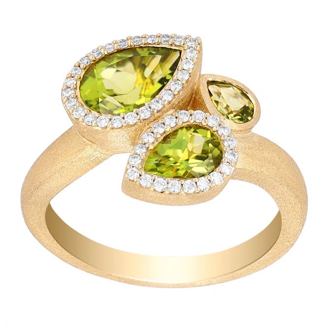 Pear Shaped Peridot Trio & Diamond Halo Ring in Yellow Gold