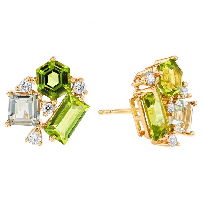 Multi-Shaped Mixed Gemstone & Diamond Cluster Stud Earrings in Yellow Gold