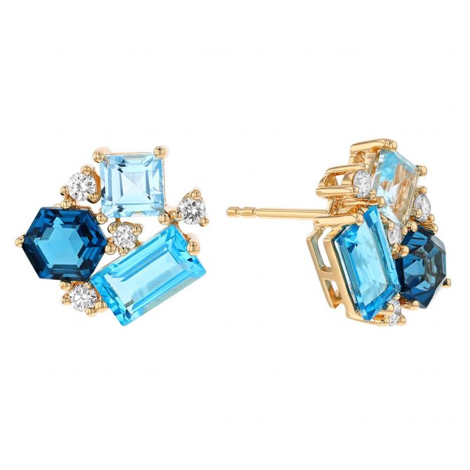 Multi-Shaped Topaz & Diamond Cluster Stud Earrings in Yellow Gold