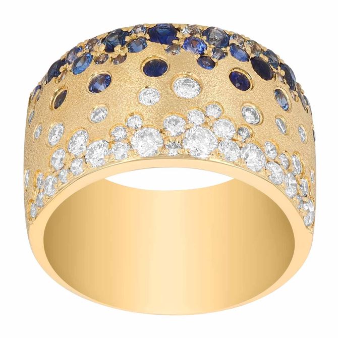 Flush Set Sapphire & Diamond Scatter Wide Band Ring in Yellow Gold