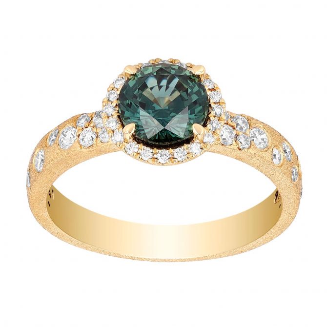 Round Blue-Green Sapphire & Diamond Ring in Yellow Gold