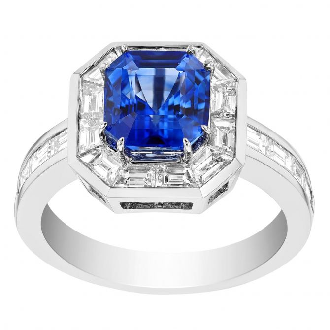 Emerald Cut Sapphire & Baguette Diamond Channel Set Ring in White Gold