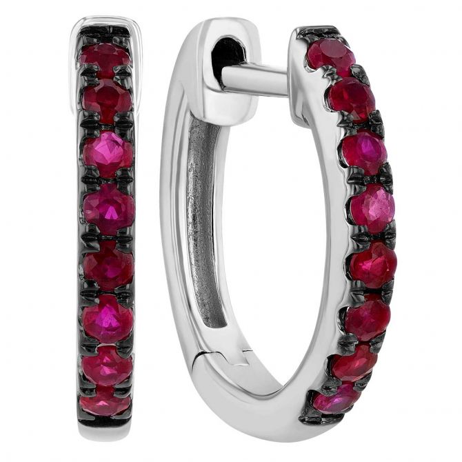 Round Ruby Huggie Hoop Earrings in Black Rhodium & White Gold