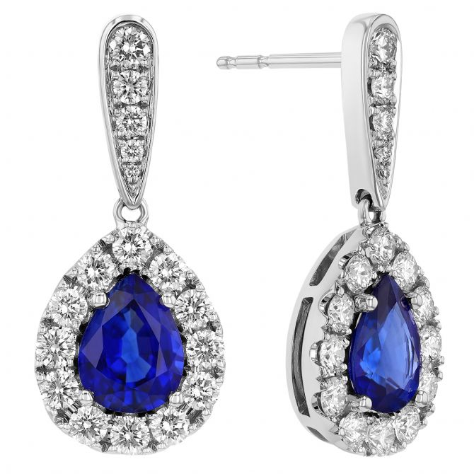 Pear Shaped Sapphire & Diamond Halo Drop Earrings in White Gold