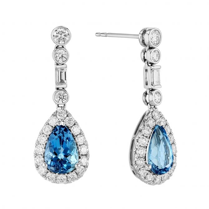 Pear Shaped Aquamarine & Diamond Dangle Earrings in White Gold