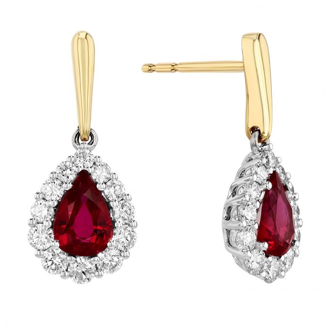 Pear Shaped Ruby & Diamond Halo Dangle Earrings in Two Tone