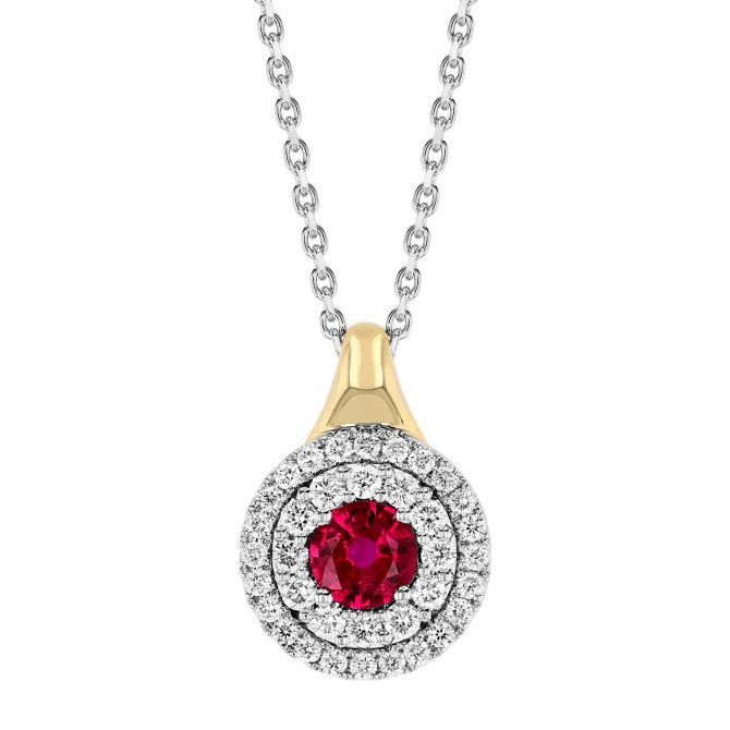 Round Ruby & Double Diamond Halo Pendant in Two Tone, 17"