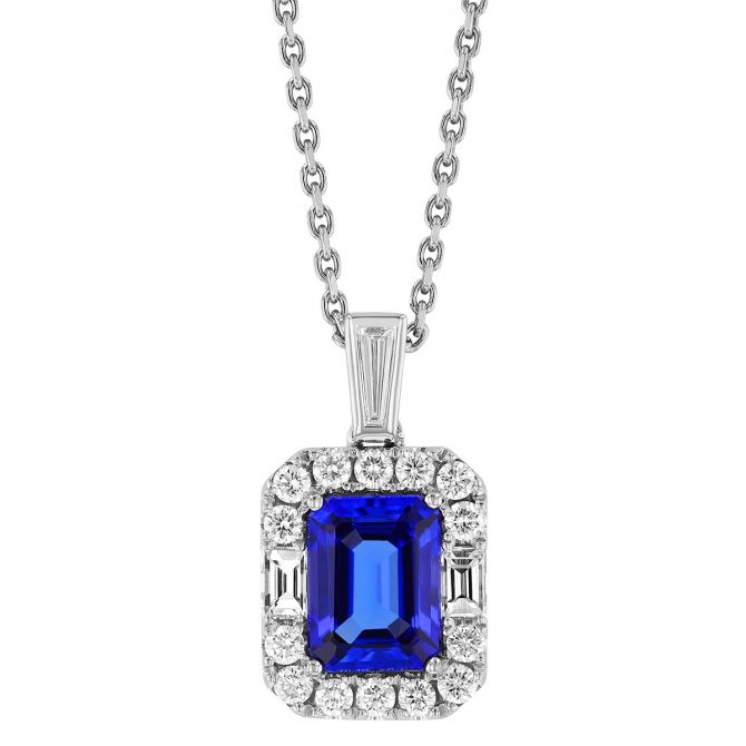 Emerald Cut Tanzanite & Multi-Shaped Diamond Halo Pendant in White Gold, 17"