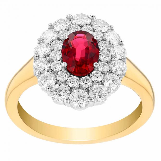 Oval Ruby & Double Diamond Halo Ring in Two Tone