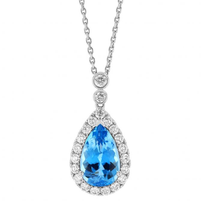 Pear Shaped Aquamarine & Diamond Halo Pendant in White Gold with Diamond Bail, 17"