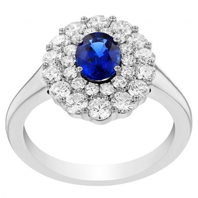 Oval Sapphire & Double Diamond Halo Ring in White Gold