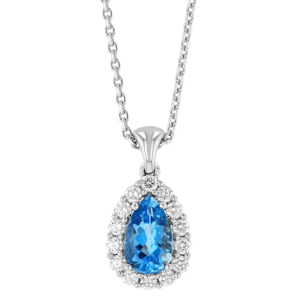 Pear Shaped Aquamarine & Diamond Halo Pendant in White Gold, 17 ...