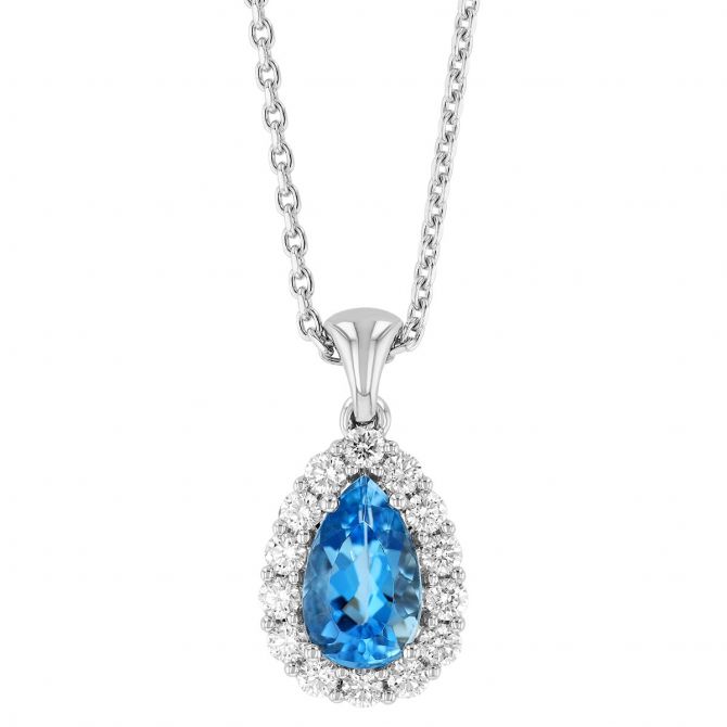 Pear Shaped Aquamarine & Diamond Halo Pendant in White Gold, 17"