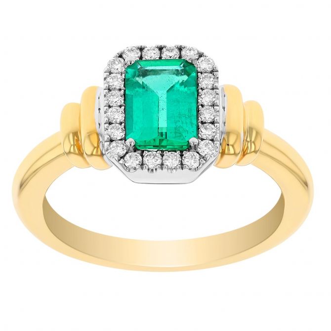 Emerald Cut Emerald & Diamond Halo Side Step Ring in Two Tone