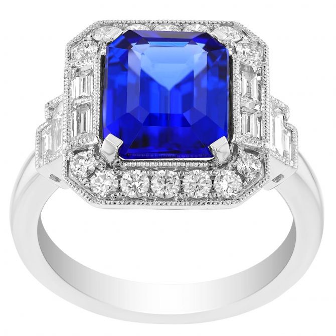 Emerald Cut Tanzanite & Multi-Shaped Diamond Halo Milgrain Ring in White Gold