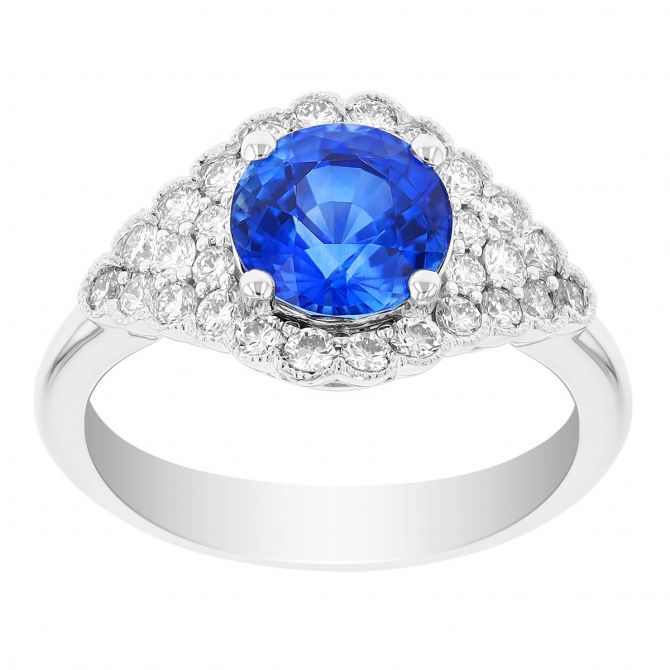 Round Sapphire & Diamond Pavé Halo Ring in White Gold