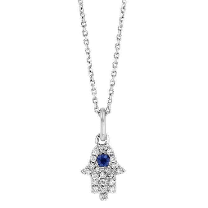 Sapphire & Diamond Pave Hamsa Pendant in White Gold, 16"