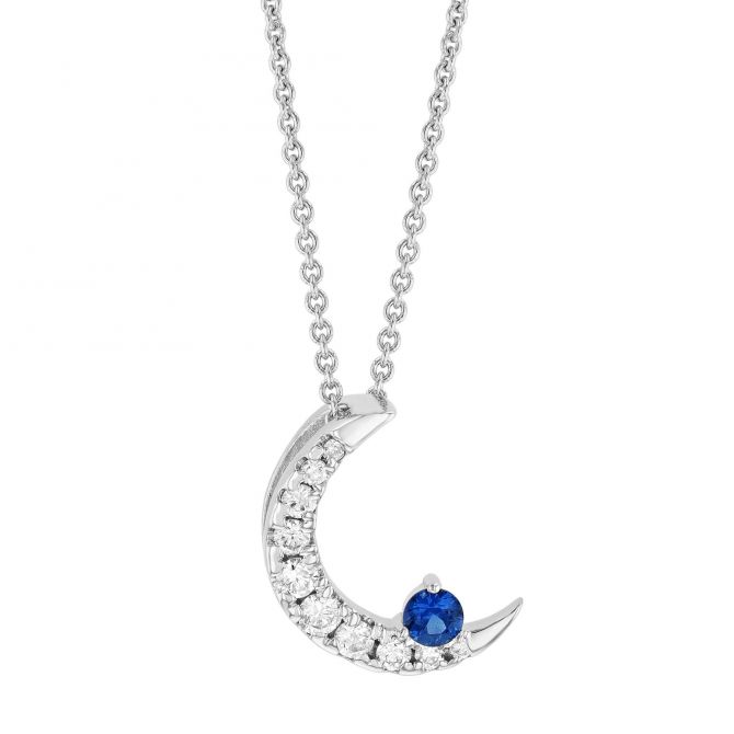 Sapphire & Diamond Crescent Moon Pendant in White Gold