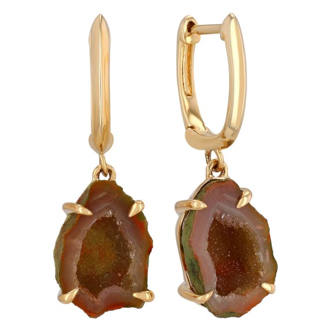 Brown Quartz Geode Dangle Hoop Earrings in Yellow Gold