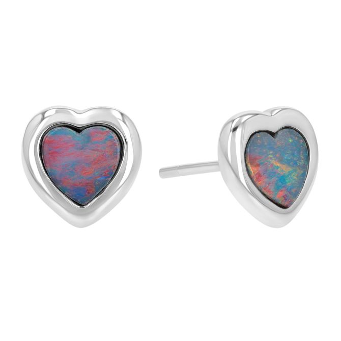 Heart Cabochon Opal Bezel Set Stud Earrings in White Gold