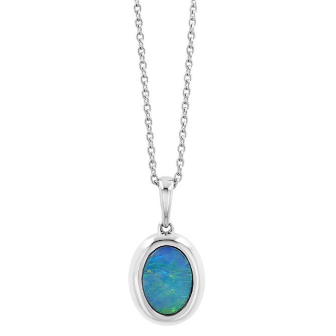 Oval Black Opal Bezel Set Pendant in White Gold