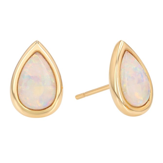 Pear Shape Cabochon Opal Bezel Set Stud Earrings in Yellow Gold