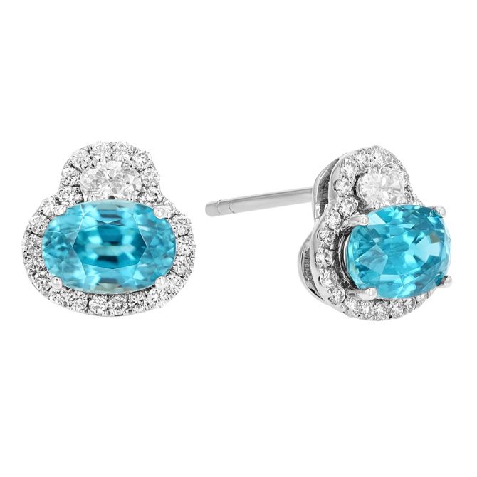 Oval Zircon & Diamond Stud Earrings in White Gold