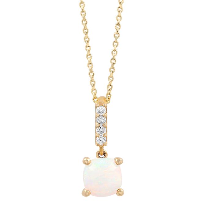 Cushion Cabochon White Opal Pendant with Diamond Bail in Yellow Gold