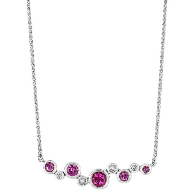 Bezel Set Garnet & Diamond Scatter Bar Necklace in White Gold, 18"