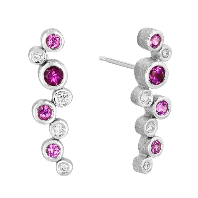 Bezel Set Garnet & Diamond Scatter Drop Earrings in White Gold