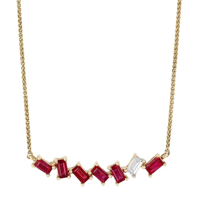 Straight Baguette Ruby & Diamond Bar Necklace in Yellow Gold, 17"