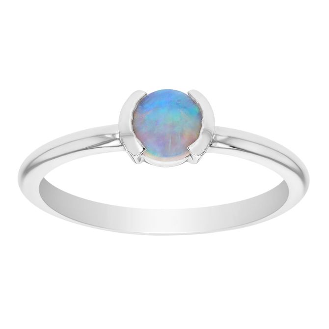 Round White Opal Half Bezel Ring in White Gold