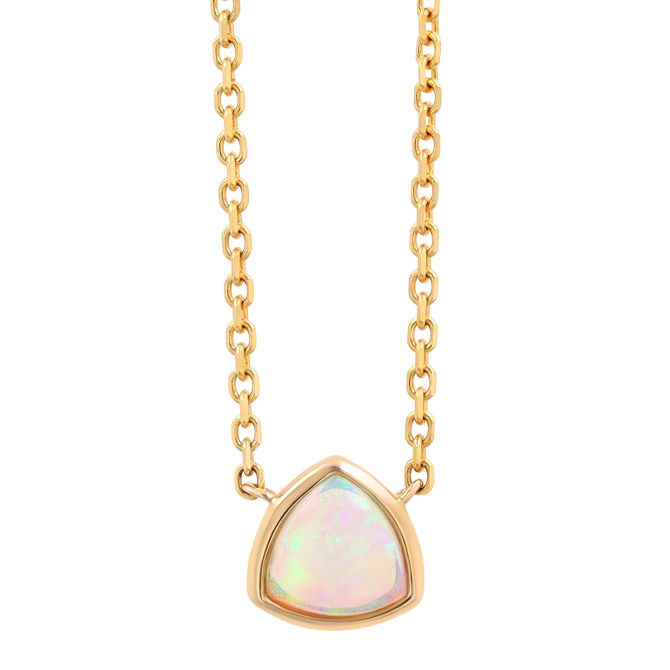 Trillion Cabochon White Opal Bezel Set Necklace in Yellow Gold, 18"