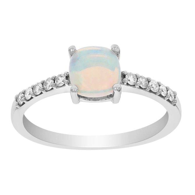 Cushion Cabochon White Opal & Diamond Ring in White Gold