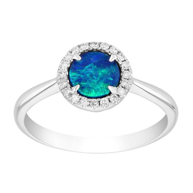 Round Cabochon Black Opal & Diamond Halo Ring in White Gold