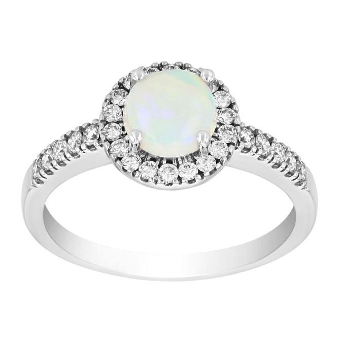 Round Cabochon Opal & Diamond Halo Ring in White Gold