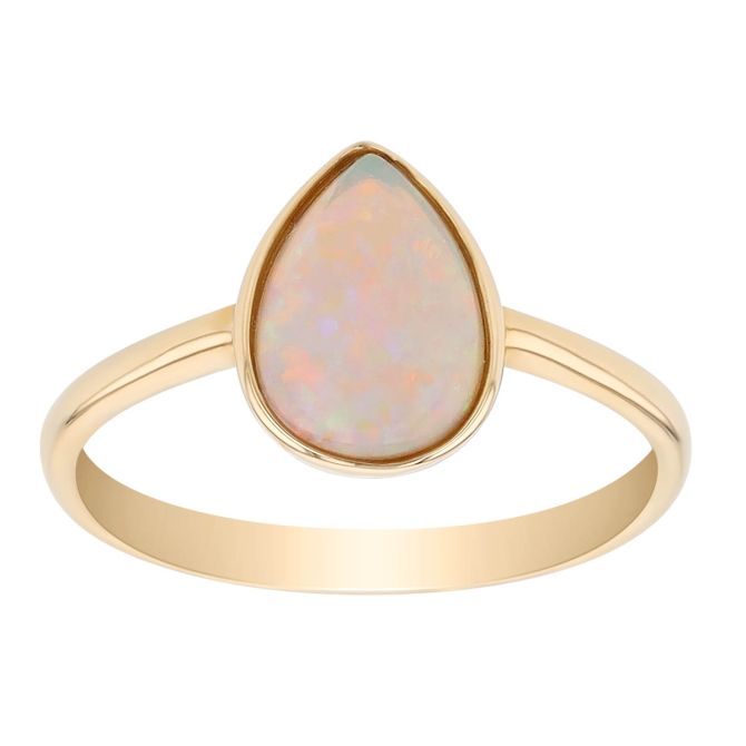 Pear Shaped Cabochon White Opal Bezel Set Ring in Yellow Gold